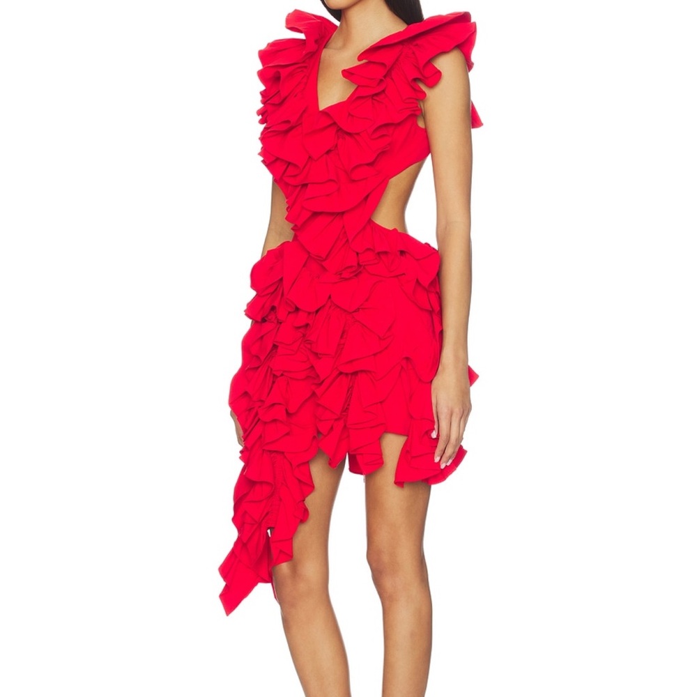 Aknvas Red Ruffle Asymmetric Mini Dress